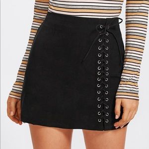 Black Suede Mini Skirt with Lace-up Detailing